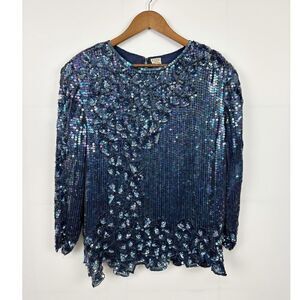 Vintage Sequin Scalloped Hem Blouse Blue Size Medium